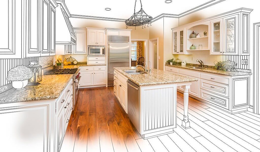 Beautiful Custom Kitchen Design Drawing and Brushed In Photo Combination