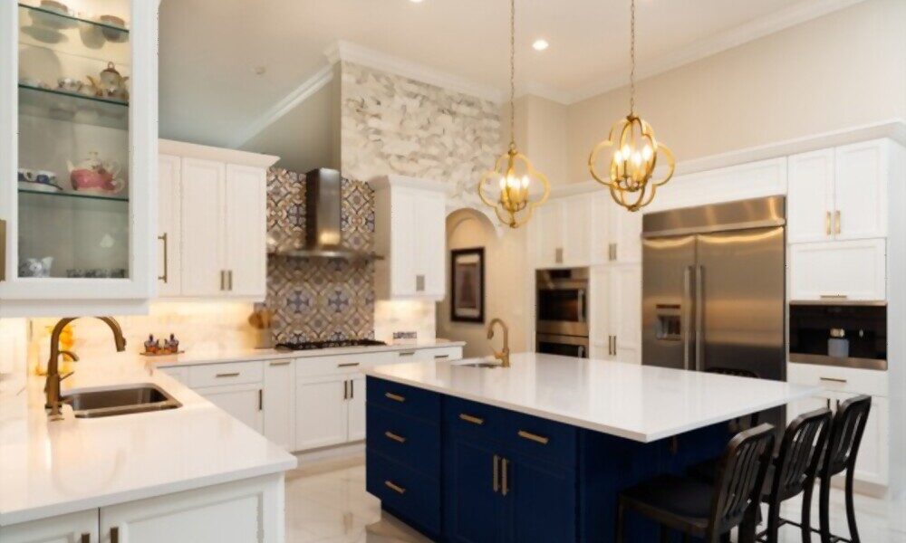 Beautiful luxury home kitchen with white cabinets